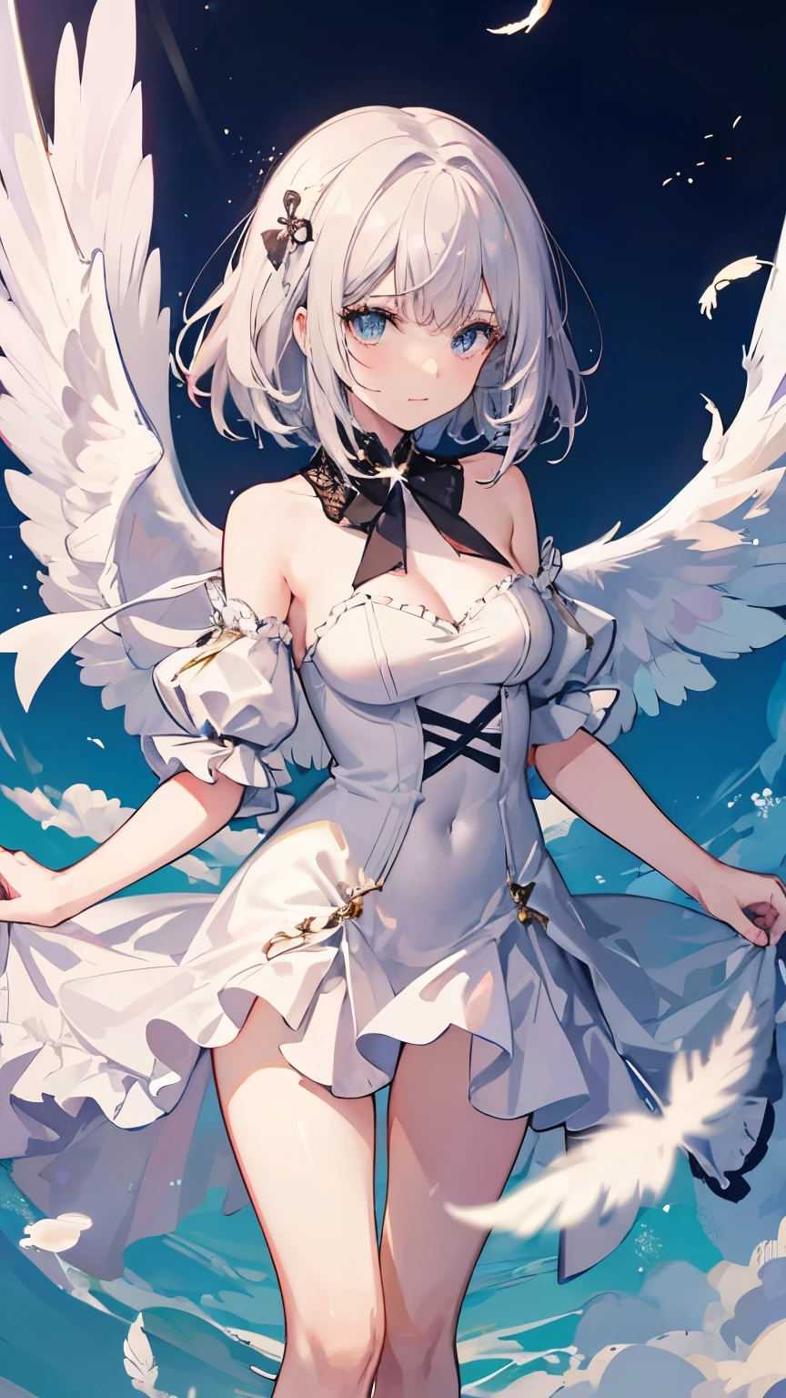 gorgeous adult woman, medium hair, bangs, perfect eyes, soft light, high quality, 4k resolution, ((angel)), An angel with wings on his back, an angel descending from the sky, feathers scattered in the background, light shining from above, at Cathedral