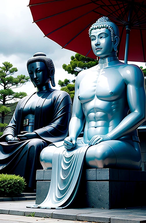 The Great Buddha of Kamakura and the Great Kannon of Ofuna sheltering from the rain with umbrellas