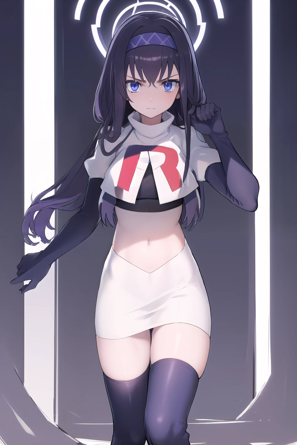 uidef, violet blue eyes,headband,team rocket,team rocket uniform,white skirt,red letter R,crop top,black thigh-highs,black elbow gloves, looking at viewer, moody lighting, facing viewer,expressionless,sanpaku,