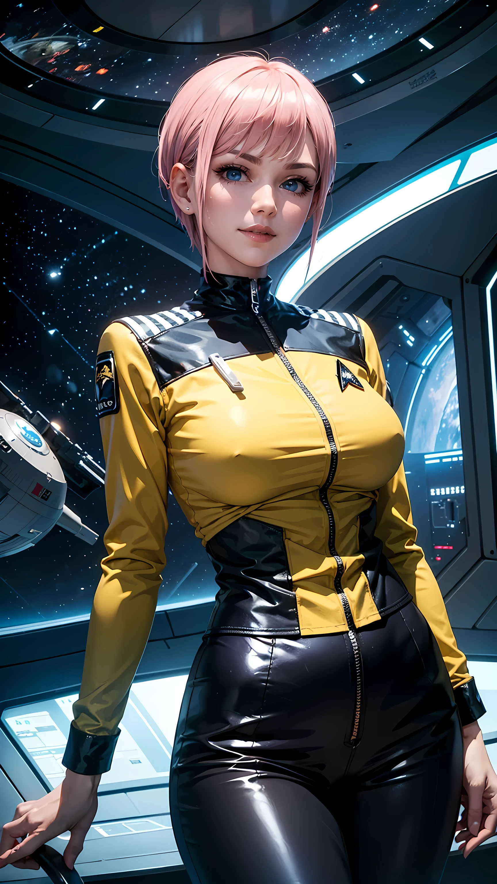 Beautiful short hair woman is shown to have a sexy figure, She is wearing classic star trek yellow uniform, yellow shirt, black pants, jewelry, she has blue eyes, smile tease look, Girl standing on a command bridge of a starship, poseing, portrait, superior quality, many details, realistic