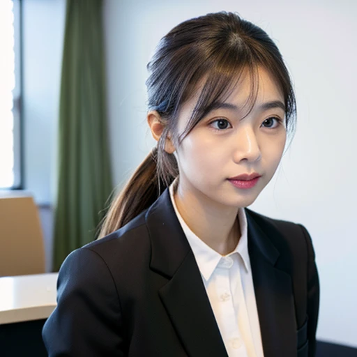 A neat and clean girl, OL, pure Japanese features, slightly plump, light makeup, , natural and realistic eyes, office, black business suit, white skip-collar blouse, beige pantyhose, black pumps