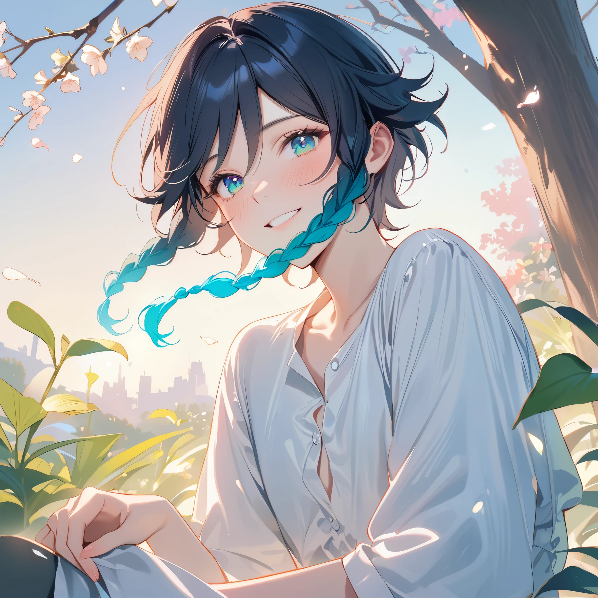 (best quality,4k,8k,highres,masterpiece:1.2),1boy,venti genshin impact,male focus,flat chest,ultra-detailed,realistic,(dsmile:0.5),morning of spring,delicate light rays,rich color palette,elegant curves,effects of light and shadow,flower petals falling,springtime essence,ethereal atmosphere,peaceful garden background,morning dew,soft sunlight filtering through trees,lush plants,komorebi,vividly colored blossoms,transcendent beauty,awe-inspiring artwork,flowing button up white long-sleeved blouse,high-waisted black shorts,stockings,green eyes,flirty smile,cinematic lighting, ray tracing, UHD, high details, high quality, award winning, super detail,wind magic