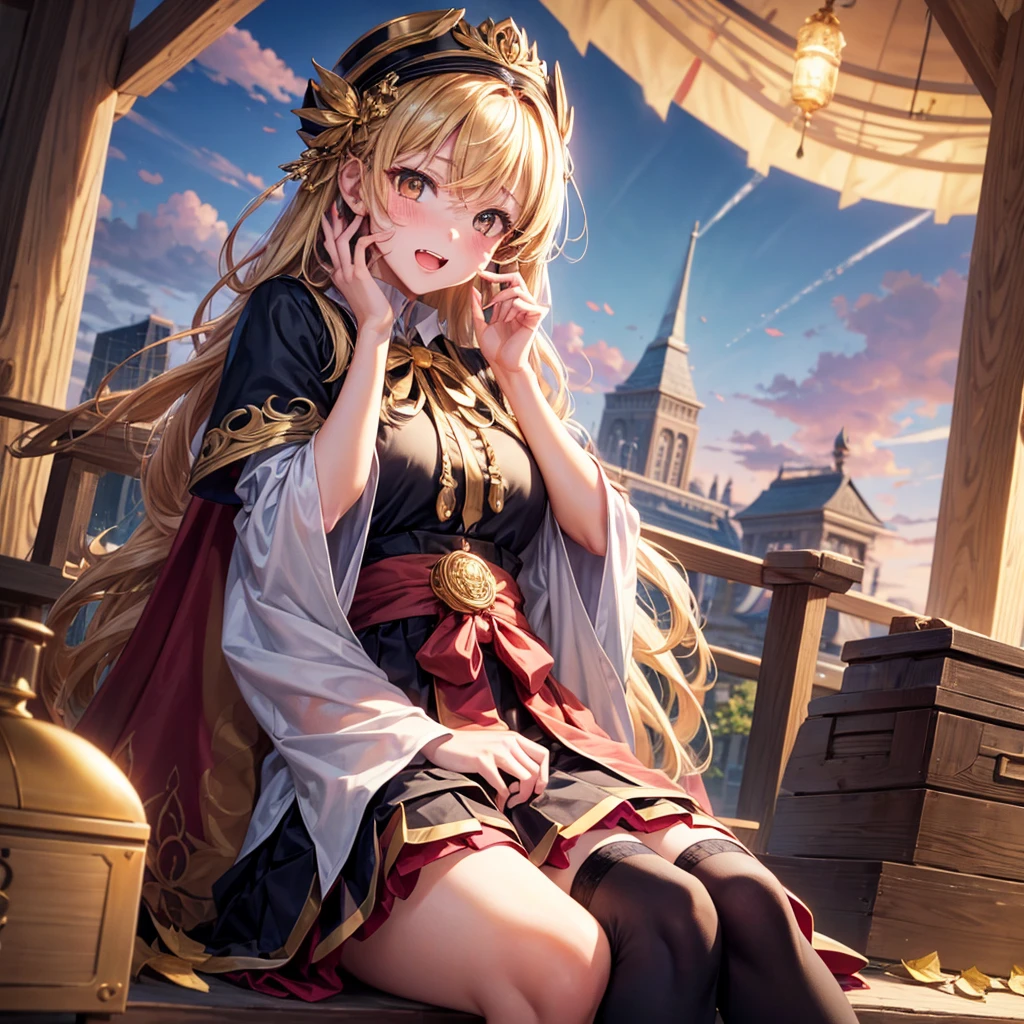 Pink gold golden hair、Golden Eyes、Braid、One good looking girl、solo、anime、Checkered mini skirt、Ruffles on the skirt、Red T-shirt、Cape、Gothic、Black knee-high socks、bandana、Wearing a ribbon、Ribbon on waist、Tilting face、Teeth are visible、Sunset sky、Piercing the clouds、Contrail、tree、Touching your face、lotus leaves、Cumulonimbus、Pillar of Light、Magic wand、Sitting on a golden treasure chest