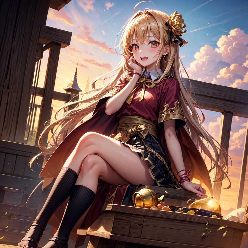 Pink gold golden hair、Golden Eyes、Braid、One good looking girl、solo、anime、Checkered mini skirt、Ruffles on the skirt、Red T-shirt、Cape、Gothic、Black knee-high socks、bandana、Wearing a ribbon、Ribbon on waist、Tilting face、Teeth are visible、Sunset sky、Piercing the clouds、Contrail、tree、Touching your face、lotus leaves、Cumulonimbus、Pillar of Light、Magic wand、Sitting on a golden treasure chest