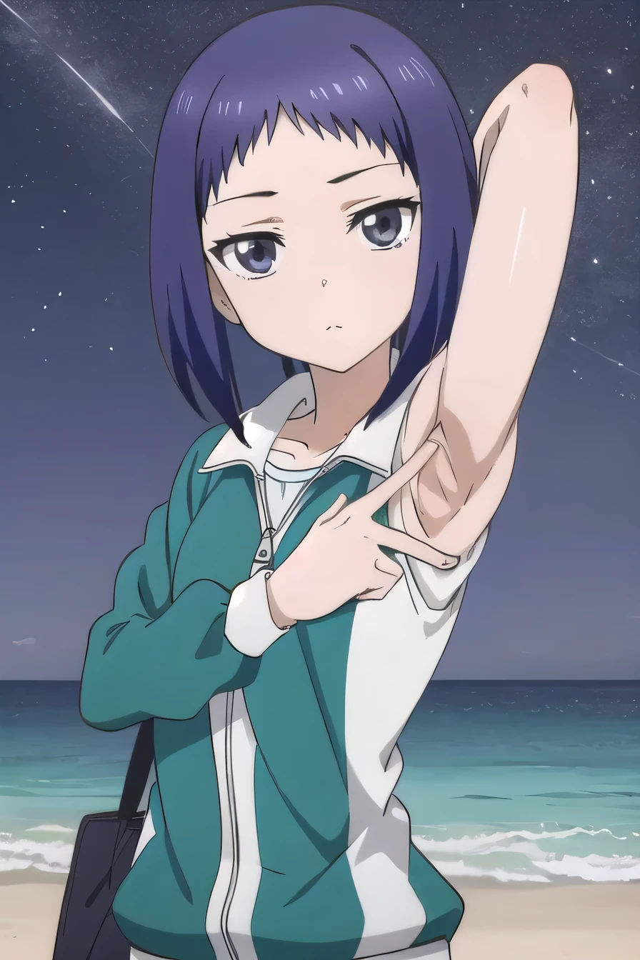 solo, 1girl, looking at viewer, 2D, anime, anime coloring, upper body, solo, night sky, beach, arms behind head, contrapposto, spread armpits, looking at viewer, best quality, closed mouth, expressionless, minami oosawa, track jacket,