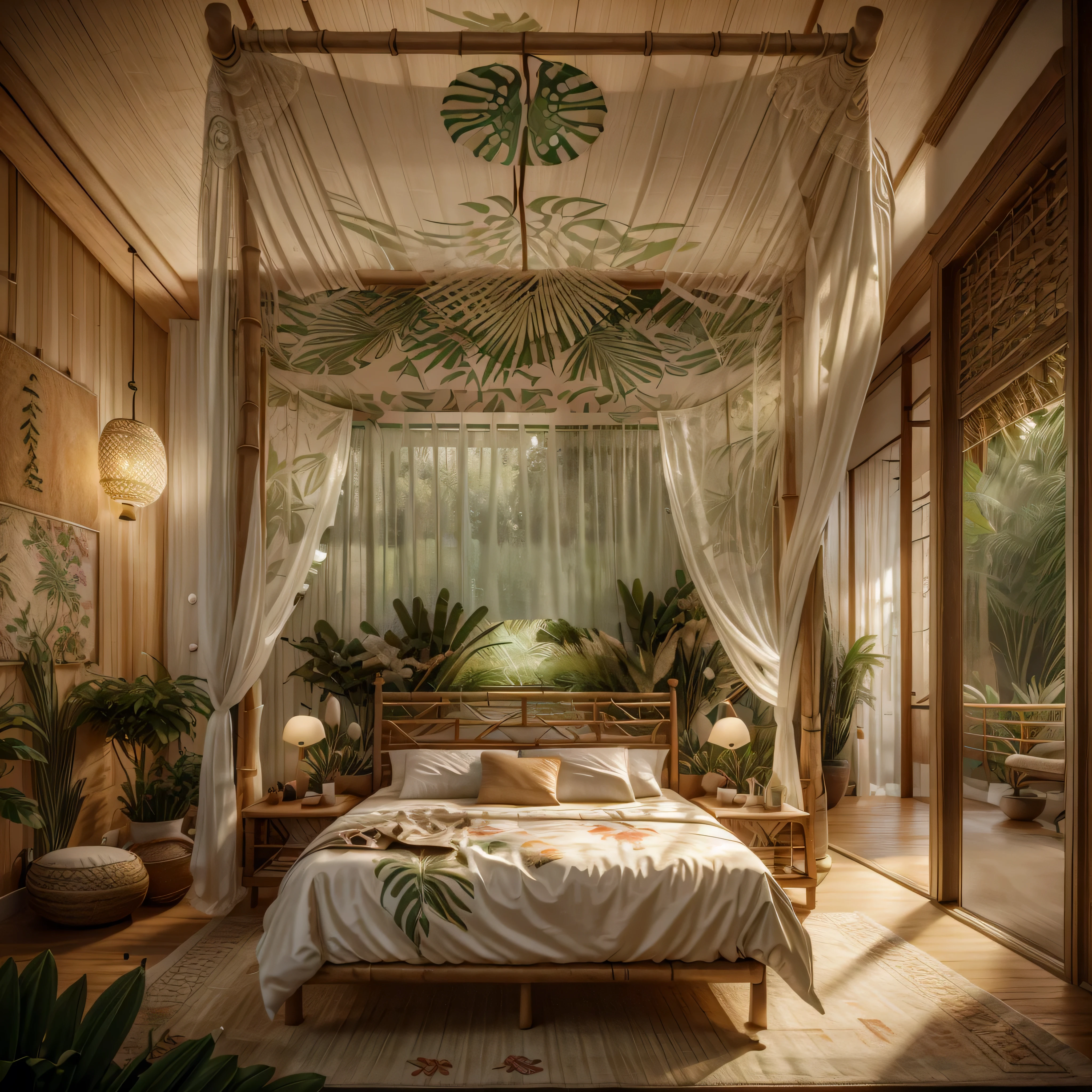 A bedroom with a tropical theme featuring bamboo furniture, vibrant floral prints, and a canopy bed. Use a bamboo bed frame with white, airy curtains, a dresser with a rattan finish, and a wicker chair. Add tropical plants, colorful bedding, and a ceiling fan with palm leaf blades.