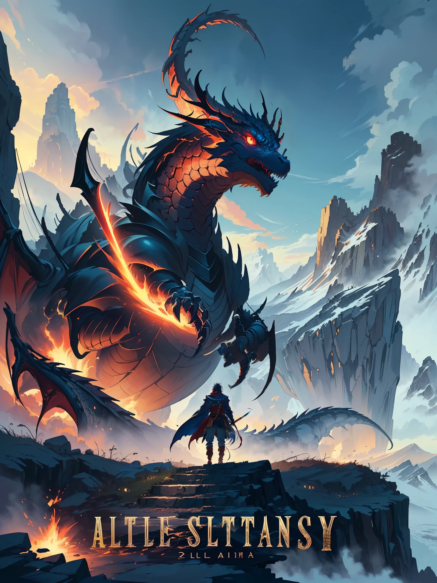 arafed image of a man standing on a cliff with a giant demon in the background, epic fantasy digital art style, epic fantasy artwork, epic fantasy digital art, anime epic artwork, epic fantasy art style hd, guildwar artwork, 4k fantasy art, epic fantasy game art, epic fantasy illustration, fantasy epic digital art, dark souls art, epic fantasy art. (absurdos, Altas Resoluciones, Ultra detallado, HDR), Obra maestra, La mejor calidad, final fantasy vii, 1hombre solamente, guapo, pelo largo, cabello negro, Ojos rojos vibrantes, ojos finos y cara detalladas, Armadura nordica, snowy mountains, frio, tonos azules, helado, hielo, ((Arma intrincada)), capa roja ondeando. ((Dragon a la espalda, dragon volando) Final Fantasy, badass pose, Personaje masculino de anime, Badass Anime 8K, Arte detallado del personaje de anime, Concepto de anime HDR Anime MacManus, Chico anime, Ikuto Yamashita, Anime CG arte suave, Fondo de pantalla de manga 4 k, inspirado por Yamagata Hiro, Wallaper de animea painting of a man with a sword and a red cape, epic anime style, anime epic artwork, epic fantasy digital art style, advanced digital anime art ”, portrait of ninja slayer, hero 2 d fanart artsation, epic fantasy style art, epic fantasy art style, high quality colored sketch, akira from chinese mythology, epic full color illustration