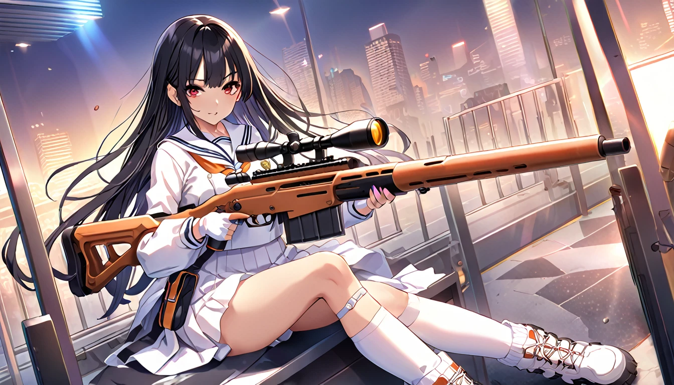 masterpiece、highest quality、Ultra-high resolution、Maximum resolution、Very detailed、Professional Lighting、anime、woman、thin、so beautiful、high school girl、White sailor suit、White knee-high socks、Equipped with a sniper rifle、Red Eye、Black Hair、long hair、Fingerless gloves、Tactical Boots、Equipped with transparent orange shooting glasses、Equipped with a chest rig、Adjusting the rifle