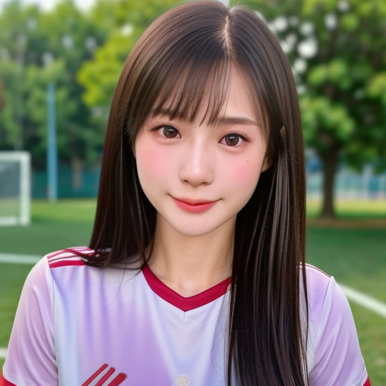 (kawaii 24 year-old Japanese girl, Nogizaka idol, Korean idol, soccer player), healthy female athlete body, (glossy black hair, very short hair, bangs:1.3), beautiful black eyes, rounded face, single eyelid, (no makeup:1.2), (soft smiling:1.2), (soccer uniform:1.3), extra small breasts, BREAK, (park background, summer daytime:1.2), (dynamic angle, bust shot:1.2), BREAK, (masterpiece, best quality, photo realistic, official art:1.4), (UHD, 8K quality wallpaper, high resolution, raw photo, golden ratio:1.3), (shiny skin), professional lighting, physically based rendering, award winning, (highly detailed skin texture, extremely detailed face and eyes textures), Carl Zeiss 85 mm F/1.4, depth of field, (1girl, solo),