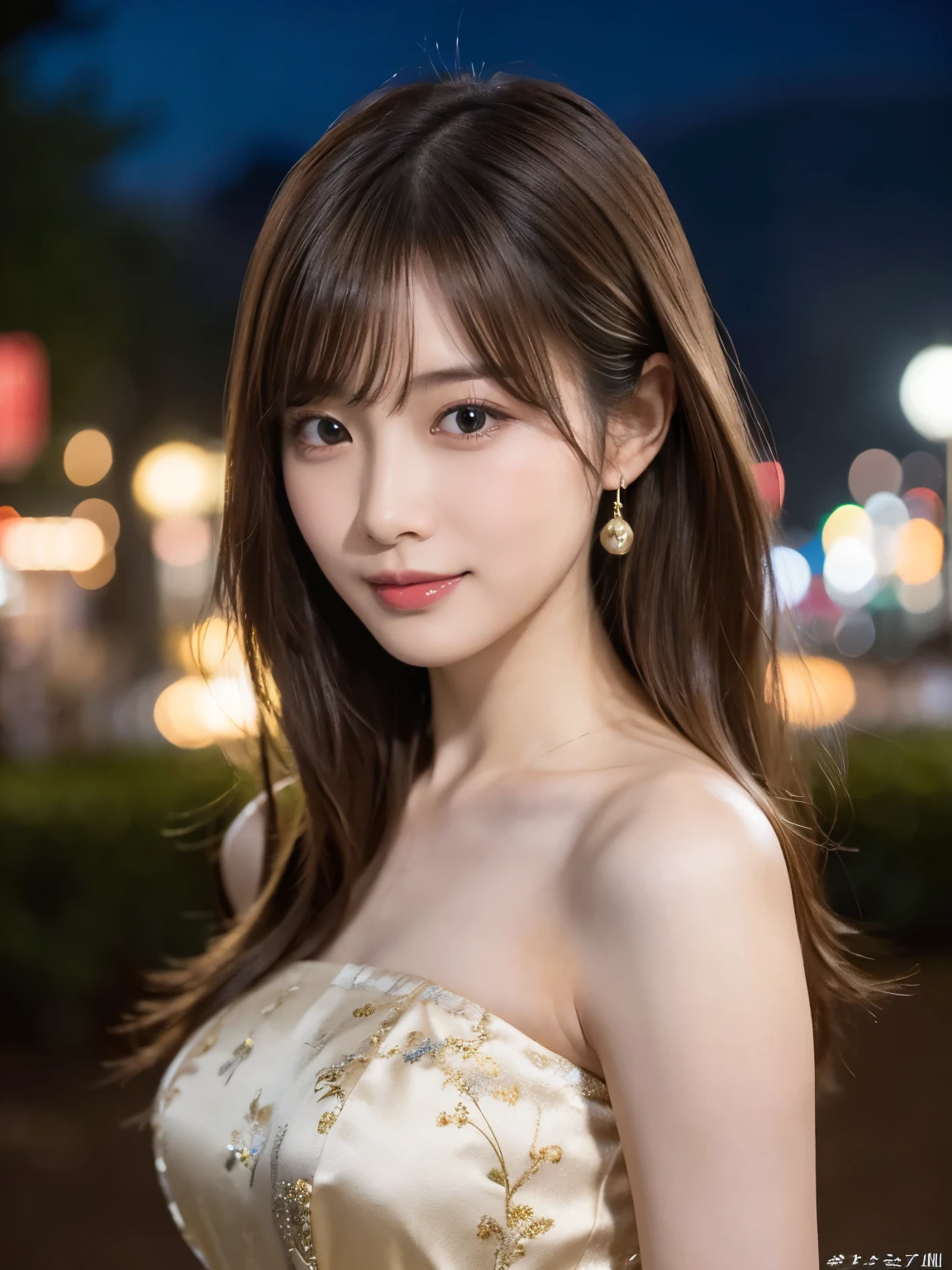 Masterpiece, 1 beautiful girl, Fine eyes, Puffy eyes, Top quality, Super A high resolution, (Realistic: 1.4), Cinema lighting, Japanese, Asian beauty, Super beautiful, Beautiful skin, Thin , (surrealistic), (high resolution), (8k), (high resolution), (beautiful and detailed eyes), (highly detailed), (wallpaper), detailed face, see art, (costumes are silk dress with a variety of colors), medium hair, messy hair, asymmetrical bangs, night view, brown hair, Japanese idols, Korean idols, posing as idols, 23 years old, tall, smiling, afternoon flower park background , ((random body orientation)),