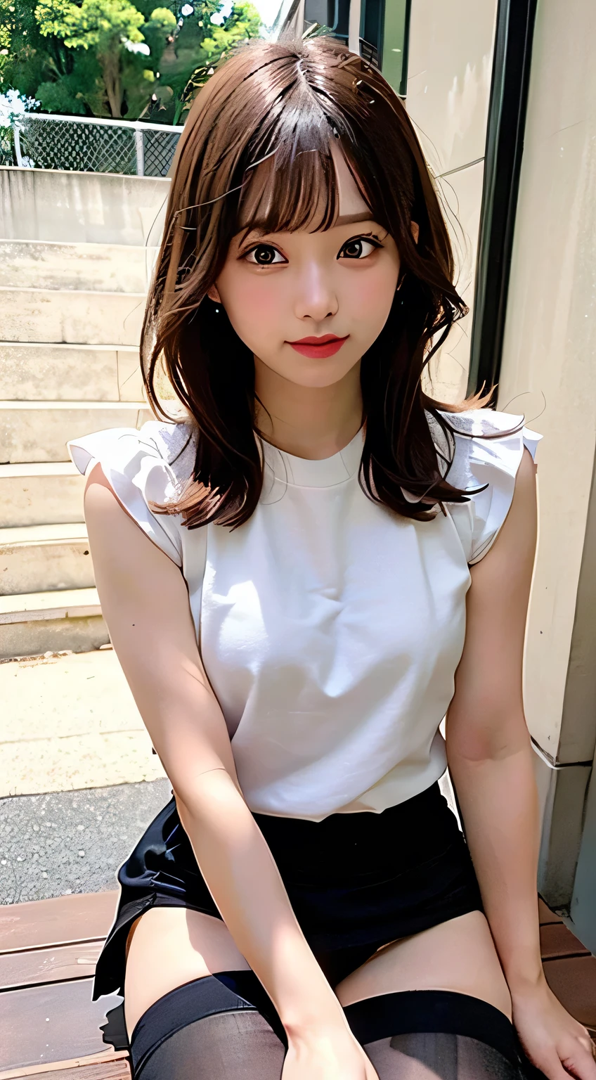 (8k, RAW Photos:1.2),Detailed face and eyes,最high quality, 超A high resolution, Very detailed ,Intricate details ,Tabletop ,pretty girl , Soft cinematic light, Hyper Detail,Sharp focus, high quality,Brown hair, Bobcut, outside, mini skirt, panties, Peeking from below