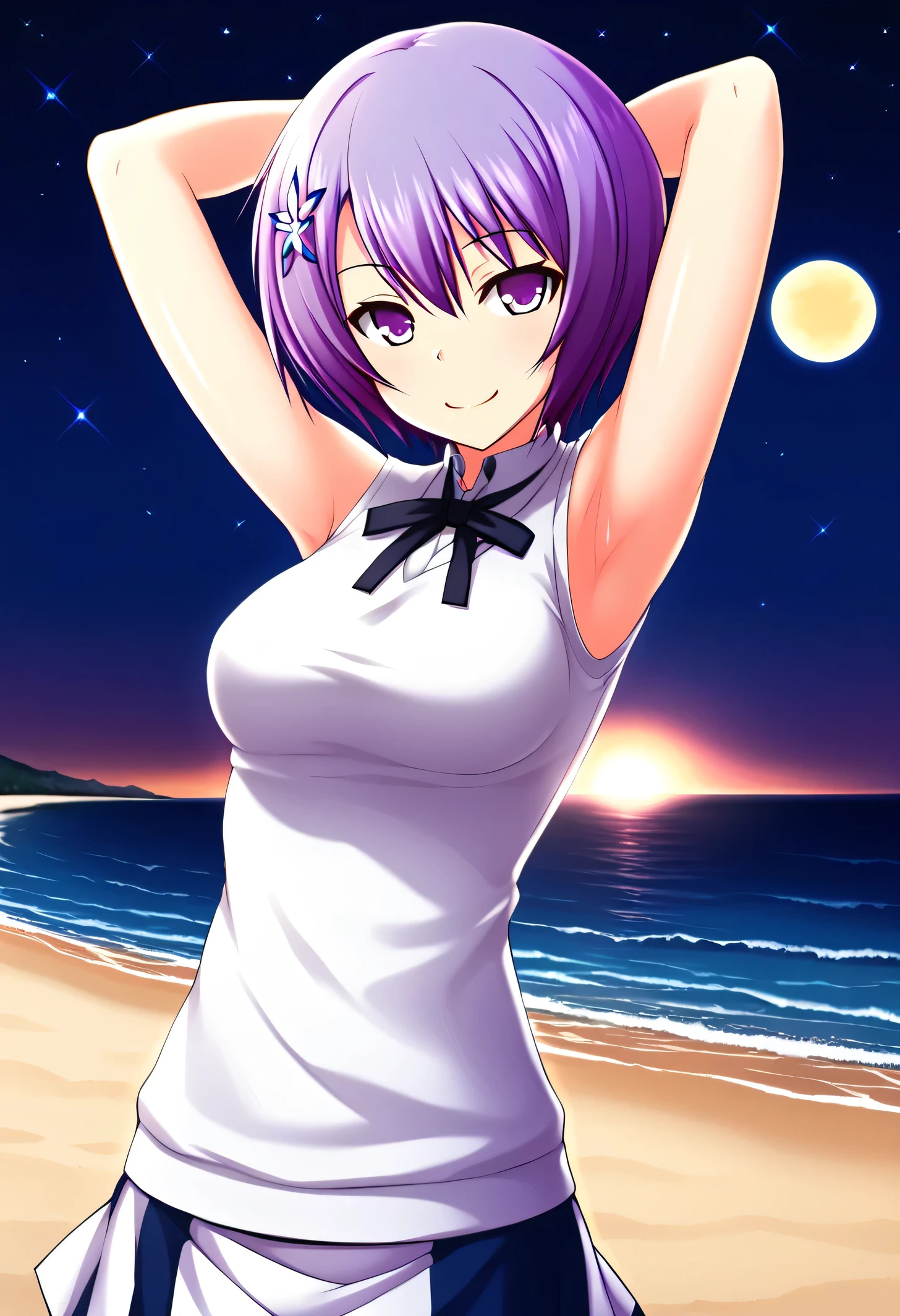 Shiina Miyako, purple hair, short hair, purple eyes, hair ornament, , short sleeves, white sweater vest, white shirt, white skirt, neck ribbon, black ribbon, high quality, solo, night sky, beach, arms behind head, contrapposto, closed mouth, spread armpits, (cowboy shot:1.5), looking at viewer, smile, best quality,