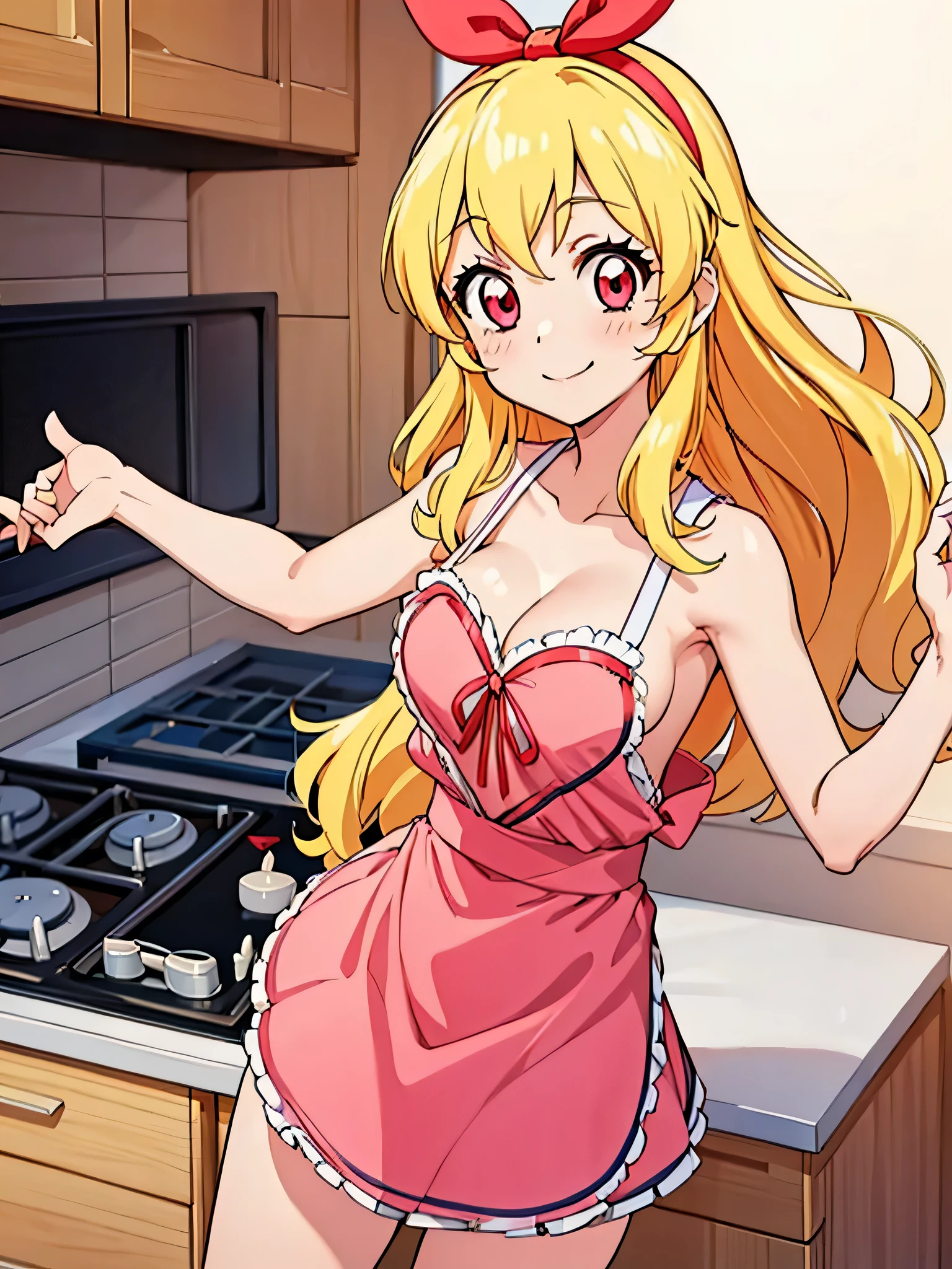 aikatsu,Blonde_HAIR,RED_HAIR_band,masterpiece,{a cartoon character is posing in kitchen wearing an apron and a dress, 1girl, hoshimiya ichigo, apron, blonde hair, long hair, breasts, solo, smile, naked apron, large breasts, cleavage, stove, looking at viewer, blush, kitchen, pink apron,ass Focus