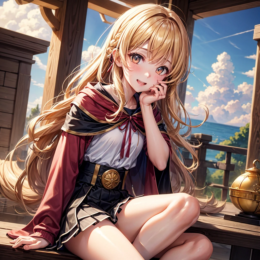 Pink gold golden hair、Golden Eyes、Braid、One good looking girl、solo、anime、Checkered mini skirt、Ruffles on the skirt、Red T-shirt、Cape、Gothic、Black knee-high socks、bandana、Wearing a ribbon、Ribbon on waist、Tilting face、Teeth are visible、Sunset sky、Piercing the clouds、Contrail、tree、Touching your face、lotus leaves、Cumulonimbus、Pillar of Light、Magic wand、Sitting on a golden treasure chest