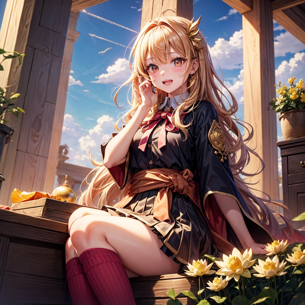 Pink gold golden hair、Golden Eyes、One good looking girl、solo、anime、Checkered mini skirt、Ruffles on the skirt、Red T-shirt、Cape、Gothic、Black knee-high socks、Wearing a ribbon、Ribbon on waist、Tilting face、Teeth are visible、Sunset sky、Piercing the clouds、Contrail、tree、Touching your face、lotus leaves、Cumulonimbus、Pillar of Light、Magic wand、Sitting on a golden treasure chest