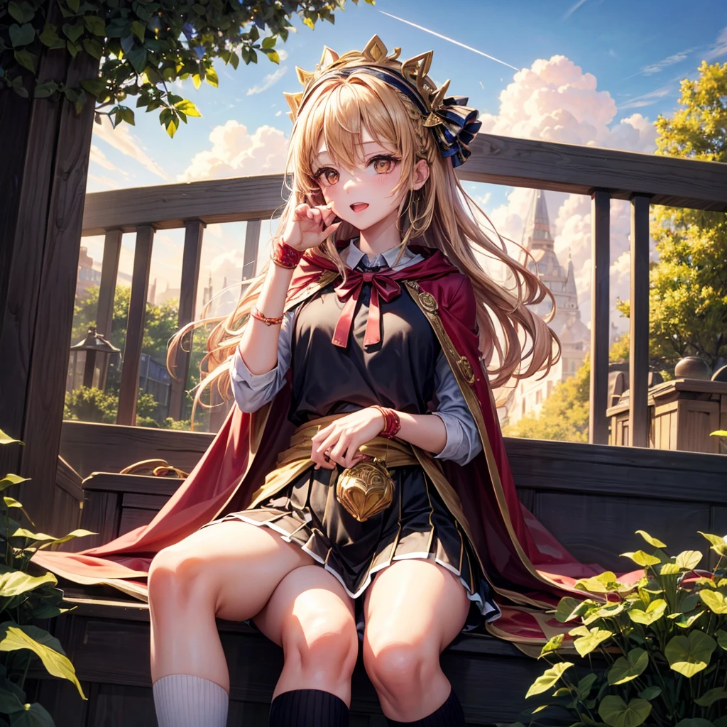 Pink gold golden hair、Red eyes、One good looking girl、solo、anime、Checkered mini skirt、The skirt has buttons、Red T-shirt、Long sleeve、China、Cape、Black knee-high socks、Wearing headphones、Wearing a ribbon、Ribbon on waist、Tilting face、Teeth are visible、Sunset sky、The rocks are exploding、Snow is piled up、Rocky Mountain、The clouds are breaking through、Contrail、Glasses、Behind him is a giant world tree、Sitting