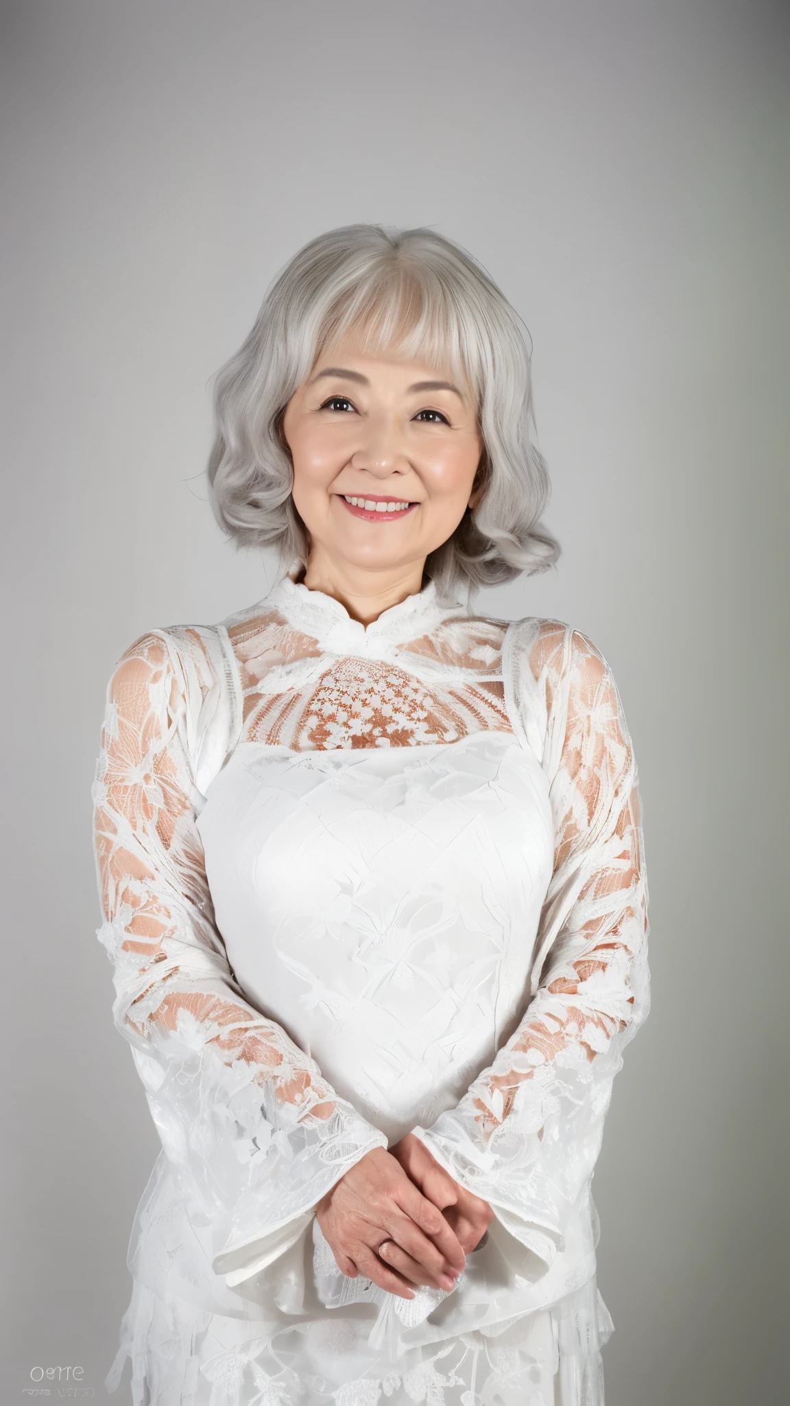 Looking down from above, Late Elderly, ((Fractal Art)), (((masterpiece))), 8k, Clear images, (((alone))), (((Asian Beauty))), Pure white background, Gray Hair, Hands behind back, Refreshing early summer outfit, Alluring, ((Elderly)), Depict lips accurately,Red lips, Flashy makeup, (((alone))), (((Perfect Anatomy))), Pure white background, gravure, Upright posture, smile, ((Beautiful mature woman)), highest quality, Very detailed, Realistic, Very detailed細なスキン, (Madame), (The corners of the mouth are turned up), 100 years old, Huge breasts, Mature Pornstar, Glamour, sexy, Pure white skin, Comfortable clothing,