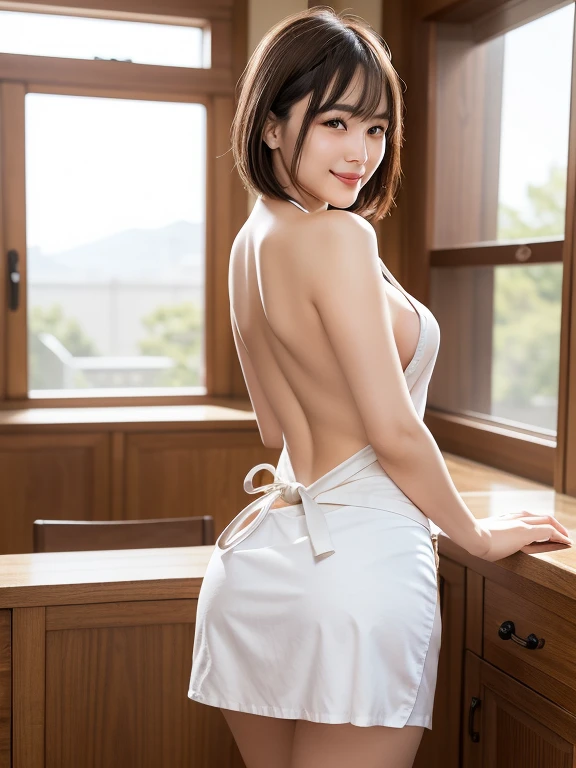 (Best quality: 1.5), (Real: 1.5), (1 person: 1.5), (masterpiece), full body, (Highly detailed), (High resolution), 8k, (slightly saggy and medium breasts), Natural colored lips, Japanese woman, 24 old girl, thin eyebrows, beautiful and elegant face, cute face, arched thin eyebrows, (big eyes with a good balance between the left and right sides), cute eyes, beautiful eyes, beautiful thin nose, beautiful face line, fair skin, beautiful and graceful features, natural bangs, beautiful and thin nose, beautiful skin , medium bob hair, natural bangs, perfect and beautiful facial features, slim face and figure, (bright lighting), professional lighting, (frontal lighting), beautiful cleavage, 1 girl, cute and sexy 24 old woman, slim Japanese woman, fair skin, (cute smile), Wearing a naked apron, (naked apron), (naked and wearing only an apron), Beautiful breasts, Large window room、, side tie panties, Poses to look back, Beautiful back, apron with a wide open back, Beautiful hip line, slim body, slim hips, small buttocks,