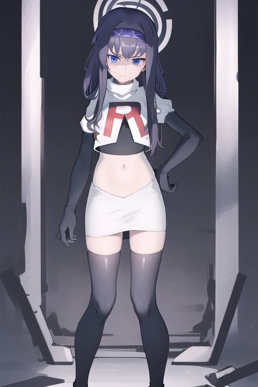 uidef, violet blue eyes,headband,team rocket,team rocket uniform,white skirt,red letter R,crop top,black thigh-highs,black elbow gloves, looking at viewer, moody lighting, facing viewer,expressionless,sanpaku,