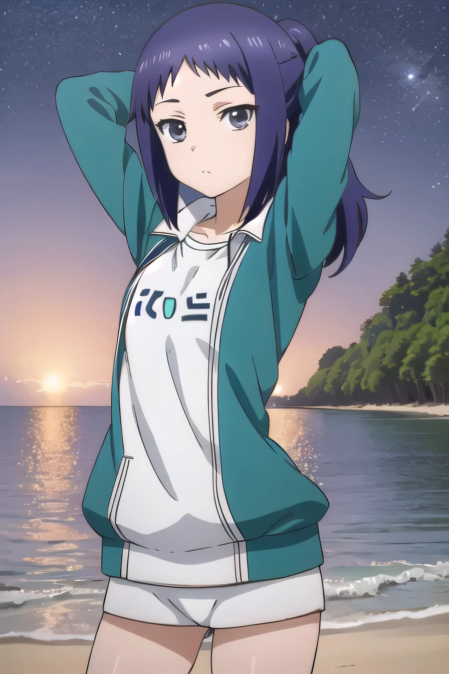 solo, 1girl, looking at viewer, 2D, anime, anime coloring, (cowboy shot:1.5), solo, night sky, beach, arms behind head, contrapposto, spread armpits, looking at viewer, best quality, closed mouth, expressionless, minami oosawa, track jacket, 