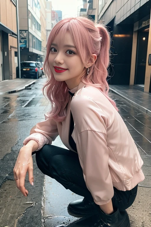 best quality, masterpiece, ultra high res, 8K, raw, (photo realistic:1.4), sharp focus, 1 girl, (detailed background:1.5), (tokyo street:1.3), full body, medium built, (squatting, spread legs, skindentation:1.3), cute,18yo, evil smile, big black eyes, medium breasts, (pink hair:1.3), detailed clothes