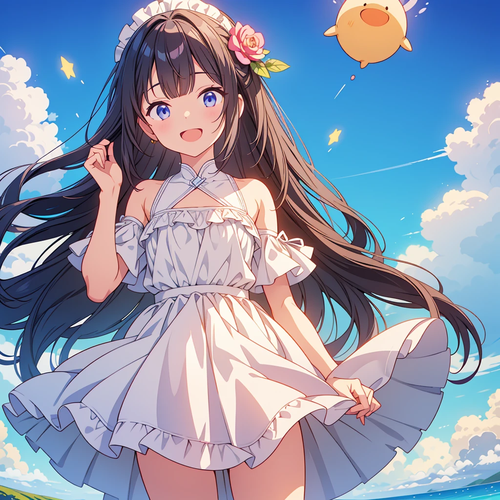 1girl、Star Fairy、Face close-up、depth of field、highest quality、Masterpiece、Official Art、Award-winning works、Super detailed、Handsome face、Short bangs above eyebrowilky white straight long hair、Super detailedな青い目、Standing in front of the viewer、smile、Mouth open、Cowboy Shot、