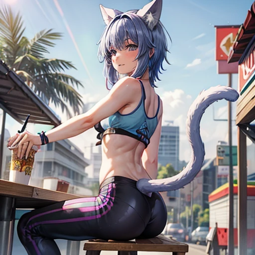 A blue-haired woman wearing a tank top and leggings is eating a tlayuda at a taco stand.　　　　With side slits　Big Ass　Spread your legs　　Cat ear　tail　Small breasts