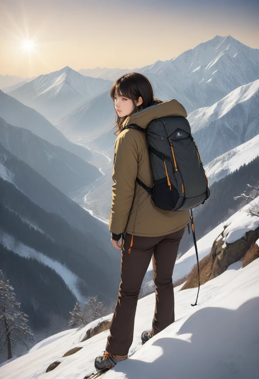 highest quality, masterpiece, Highly detailed background, Majestic Mountain々Back view of a girl climbing a hill, ((Winter climber style clothing)), A person stretching out in the sunlight shining through the mountaintop, Beautiful landscapes in earth tones, A hopeful view, Expressions that give viewers a gentle feeling, Focusing on the landscape、Make portrait smaller..