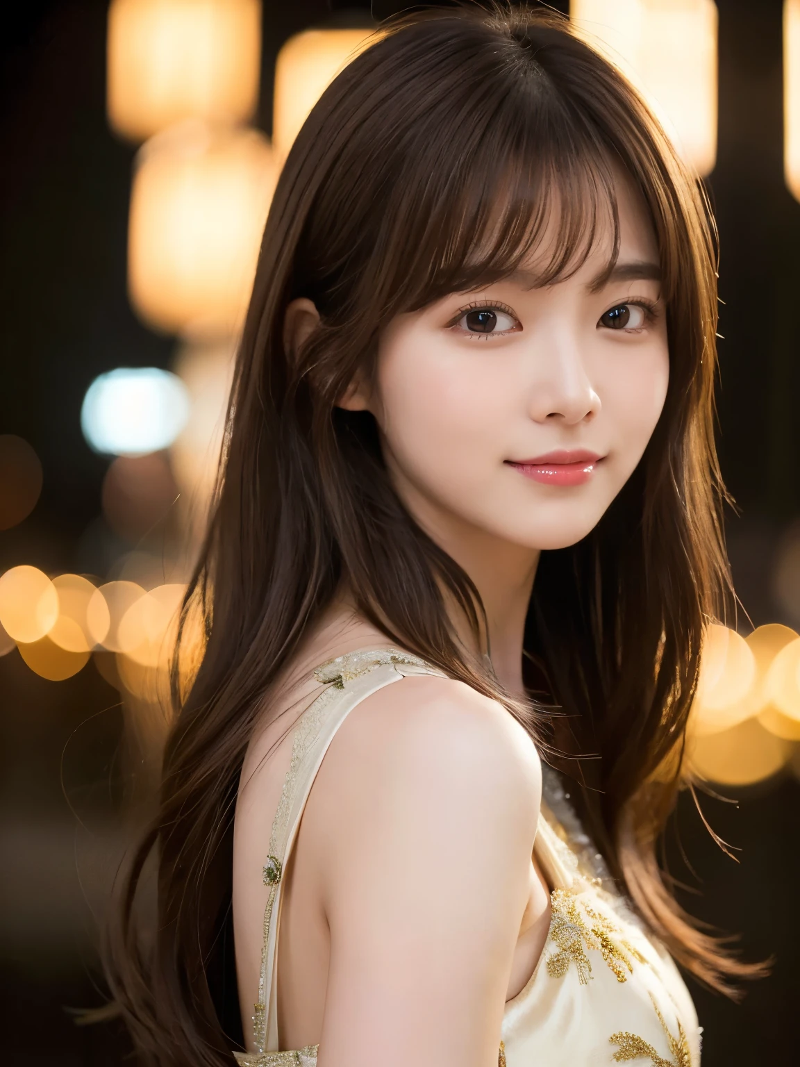Masterpiece, 1 beautiful girl, Fine eyes, Puffy eyes, Top quality, Super A high resolution, (Realistic: 1.4), Cinema lighting, Japanese, Asian beauty, Super beautiful, Beautiful skin, Thin , (surrealistic), (high resolution), (8k), (high resolution), (beautiful and detailed eyes), (highly detailed), (wallpaper), detailed face, see art, (costumes are silk dress with a variety of colors), medium hair, messy hair, asymmetrical bangs, night view, brown hair, Japanese idols, Korean idols, posing as idols, 23 years old, tall, smiling, afternoon flower park background , ((random body orientation)),