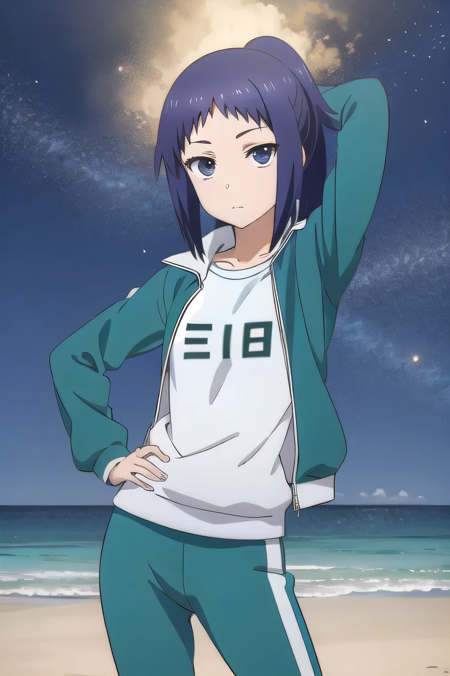 solo, 1girl, looking at viewer, 2D, anime, anime coloring, (cowboy shot:1.5), solo, night sky, beach, arm behind head, hand on hip, contrapposto, spread armpits, looking at viewer, best quality, closed mouth, expressionless, minami oosawa, track jacket, 