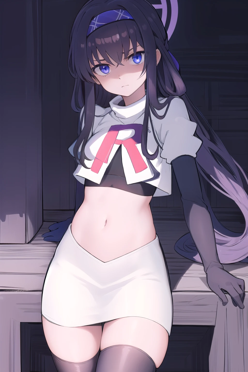 uidef, violet blue eyes,headband,team rocket,team rocket uniform,white skirt,red letter R,crop top,black thigh-highs,black elbow gloves, looking at viewer, moody lighting, facing viewer,expressionless,sanpaku,