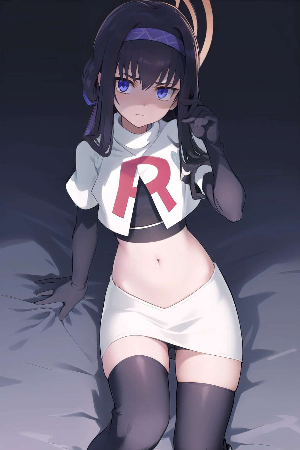 uidef, violet blue eyes,headband,team rocket,team rocket uniform,white skirt,red letter R,crop top,black thigh-highs,black elbow gloves, looking at viewer, moody lighting, facing viewer,expressionless,sanpaku,