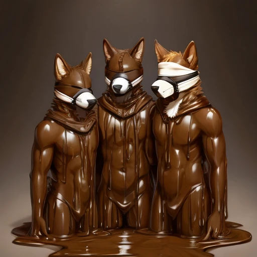 4 furries covered in brown slime, muzzle, blindfolds