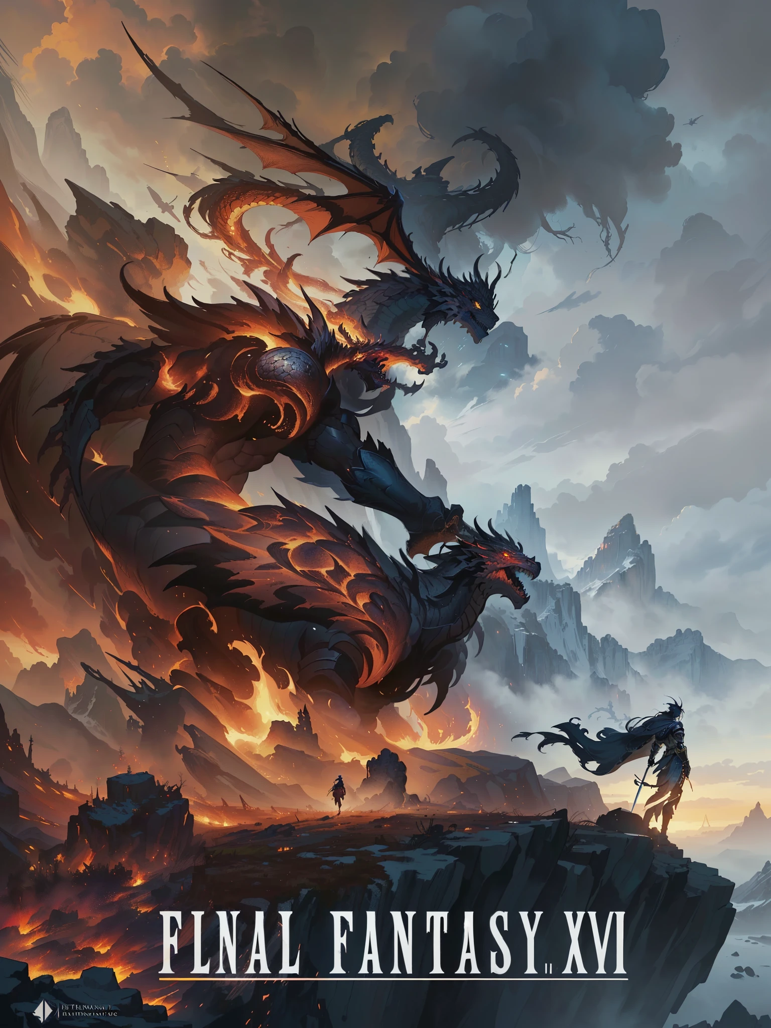 score_9, score_8_up, score_7_up, score_6_up, score_5_up, score_4_up,two knights on a hill with a dragon behind them. Open wings, flames, dark atmosphere, dark medieval style, dark fantasy style