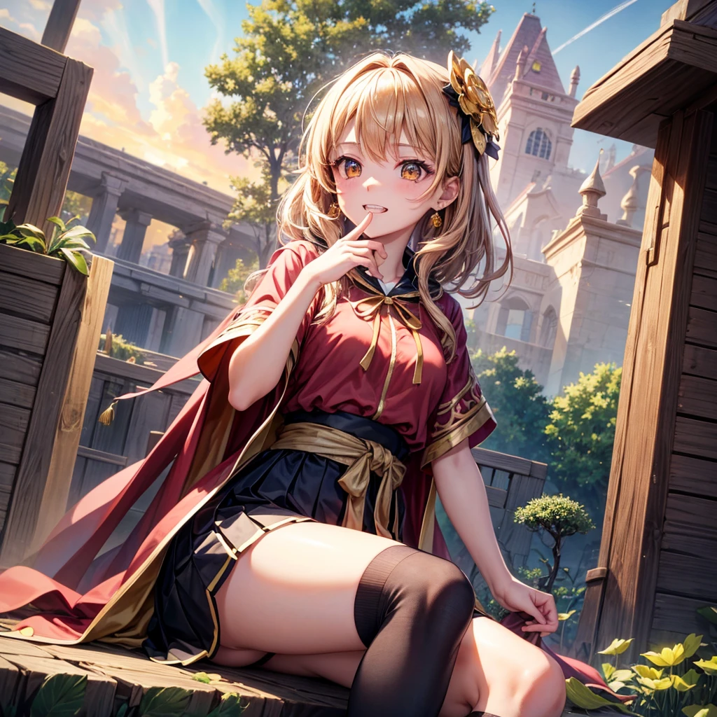 Pink gold golden hair、Golden Eyes、Braid、One good looking girl、solo、anime、Checkered mini skirt、Ruffles on the skirt、Red T-shirt、Cape、Gothic、Black knee-high socks、bandana、Wearing a ribbon、Ribbon on waist、Tilting face、Teeth are visible、Sunset sky、Piercing the clouds、Contrail、tree、Touching your face、lotus leaves、Cumulonimbus、Pillar of Light、Magic wand、Sitting on a golden treasure chest