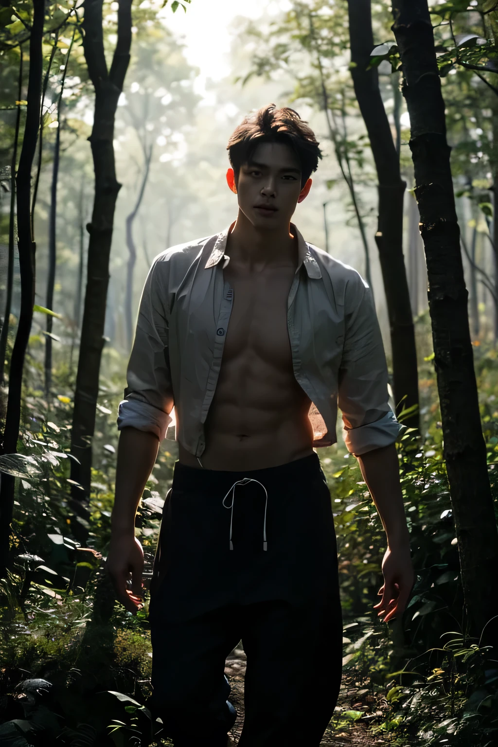 Hot tall male, On the dark woods, Magically Mysthically detailed, with glowing butterfly, ((woderland theme)) ((fixed light composition))