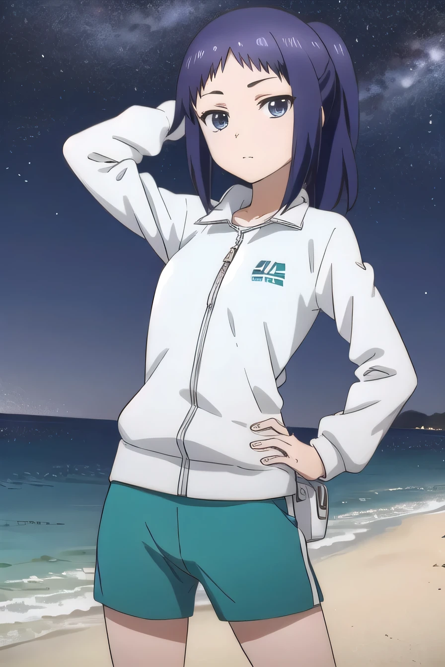 solo, 1girl, looking at viewer, 2D, anime, anime coloring, (cowboy shot:1.5), solo, night sky, beach, arm behind head, hand on hip, contrapposto, spread armpits, looking at viewer, best quality, closed mouth, expressionless, minami oosawa, track jacket, 