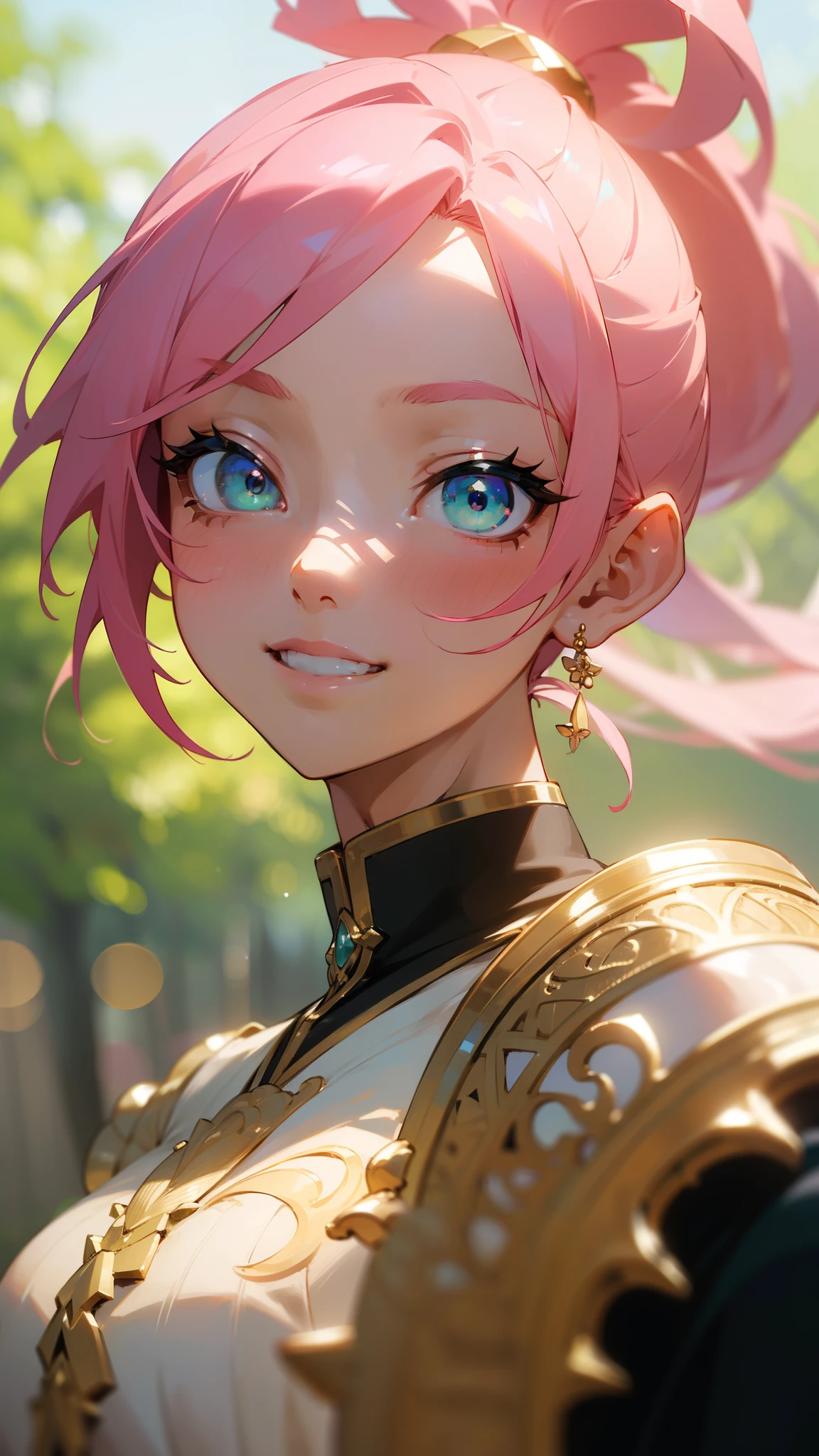 (masterpiece, highest quality)、Intricate details、8k、Sharp focus、(Bokeh) (highest quality) (Detailed skin:1.3) (Intricate details) (8k) (Fine grain) (anime)、Pink Hair、Ponytail、Green Eyes、Beautiful Eyes、Upper body close-up、Side body、Grin