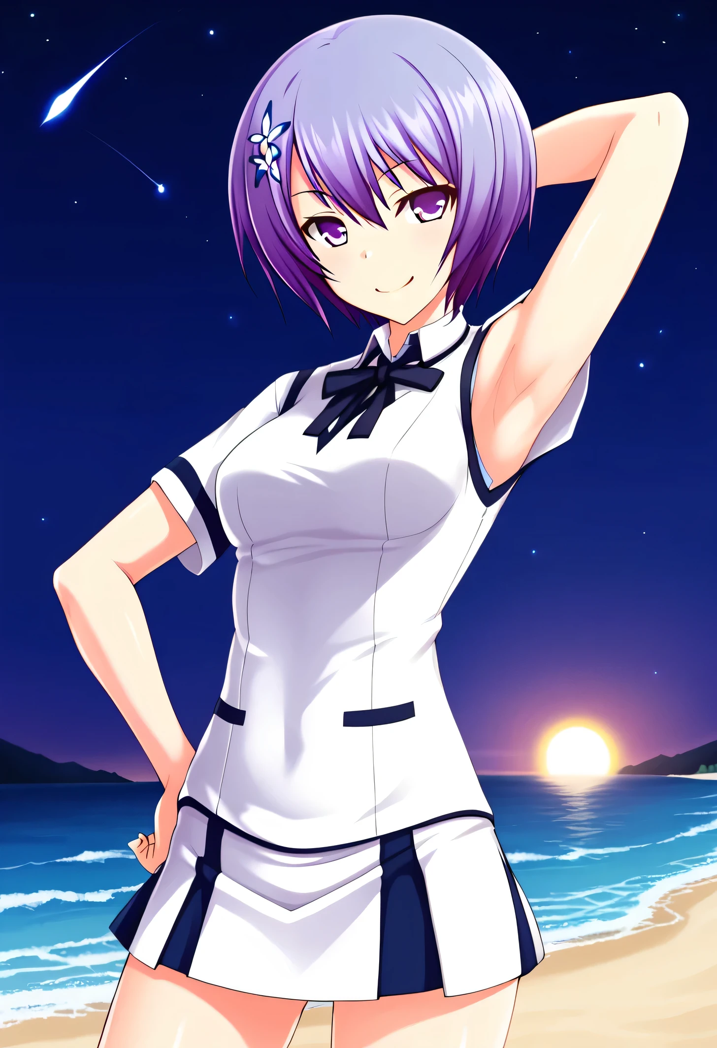 Shiina Miyako, purple hair, short hair, purple eyes, hair ornament, , short sleeves, white sweater vest, white shirt, white skirt, neck ribbon, black ribbon, high quality, solo, night sky, beach, arm behind head, hand on hip, contrapposto, closed mouth, spread armpits, (cowboy shot:1.5), looking at viewer, smile, best quality,