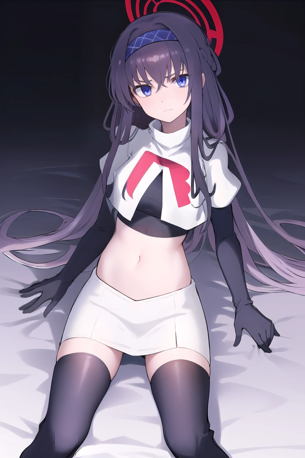 uidef, violet blue eyes,headband,team rocket,team rocket uniform,white skirt,red letter R,crop top,black thigh-highs,black elbow gloves, looking at viewer, moody lighting, facing viewer,expressionless,sanpaku,