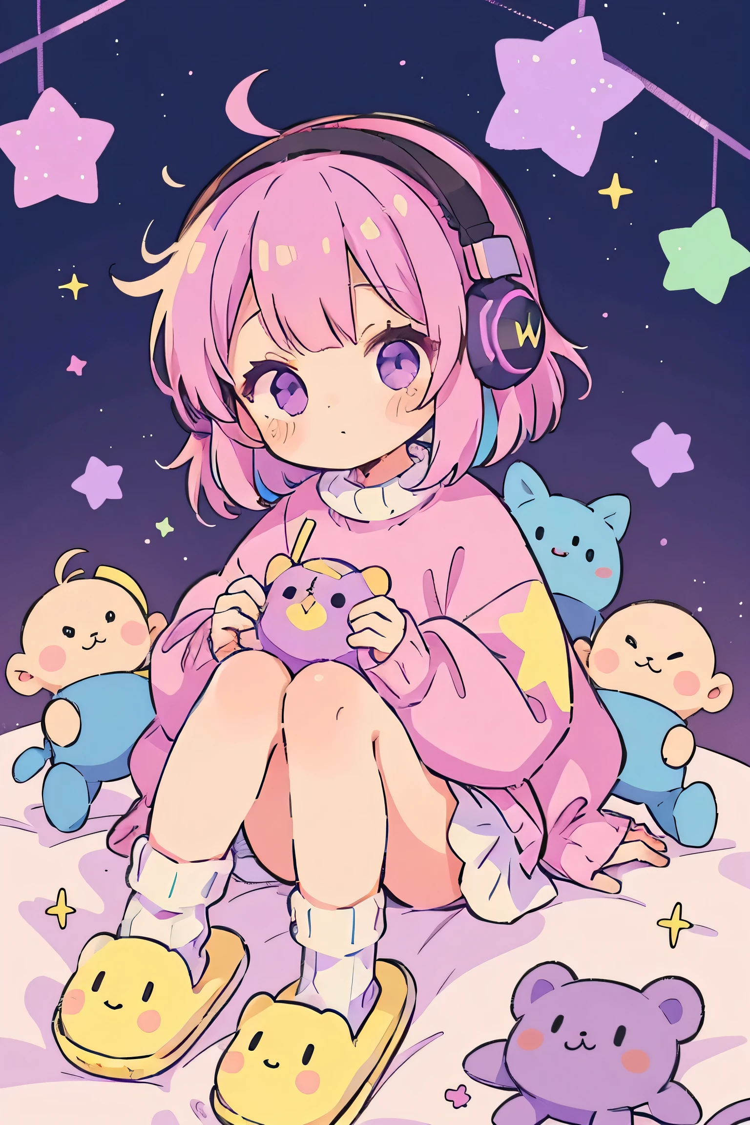 monkey Girl, Solo, Fluffy clothes, Sweaters, sleeves, sox, Slippers, Pastel colors, (Purple, Blue, Pink, yellow), Cozy, Dreamy, Stars, a sticker, Bubbles, Glitter, brilliance, plushies, headphones,most beautiful girl ever、Chibi, Colorful bob hair