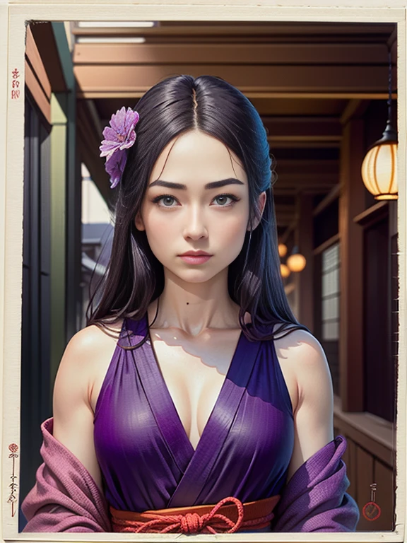 Ukiyo-e:1.9、Utamaro、woodblock print、woodblock print、otherscape、SF、Beautiful woman、Space Opera、skimpy leather costume、spaceship、Purple clouds gather、Detailed face、Beautiful Eyes、Elegant kimono、Intricate floral pattern、Delicate skin、Natural light、A calming color palette、Soft Focuasterpiece