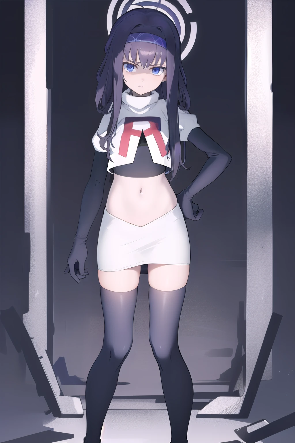 uidef, violet blue eyes,headband,team rocket,team rocket uniform,white skirt,red letter R,crop top,black thigh-highs,black elbow gloves, looking at viewer, moody lighting, facing viewer,expressionless,sanpaku,