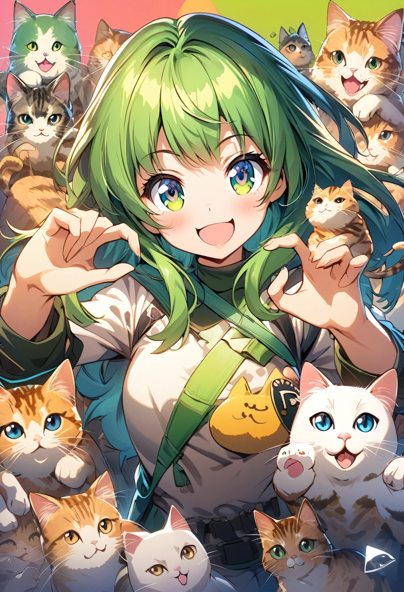 Rock sign hands, A vibrant anime-style illustration of a green-haired girl surrounded by cats, with her hands making the rock sign symbol and smiling at the camera. The background is filled with various cat characters in different poses, all rendered in a detailed manga art style.