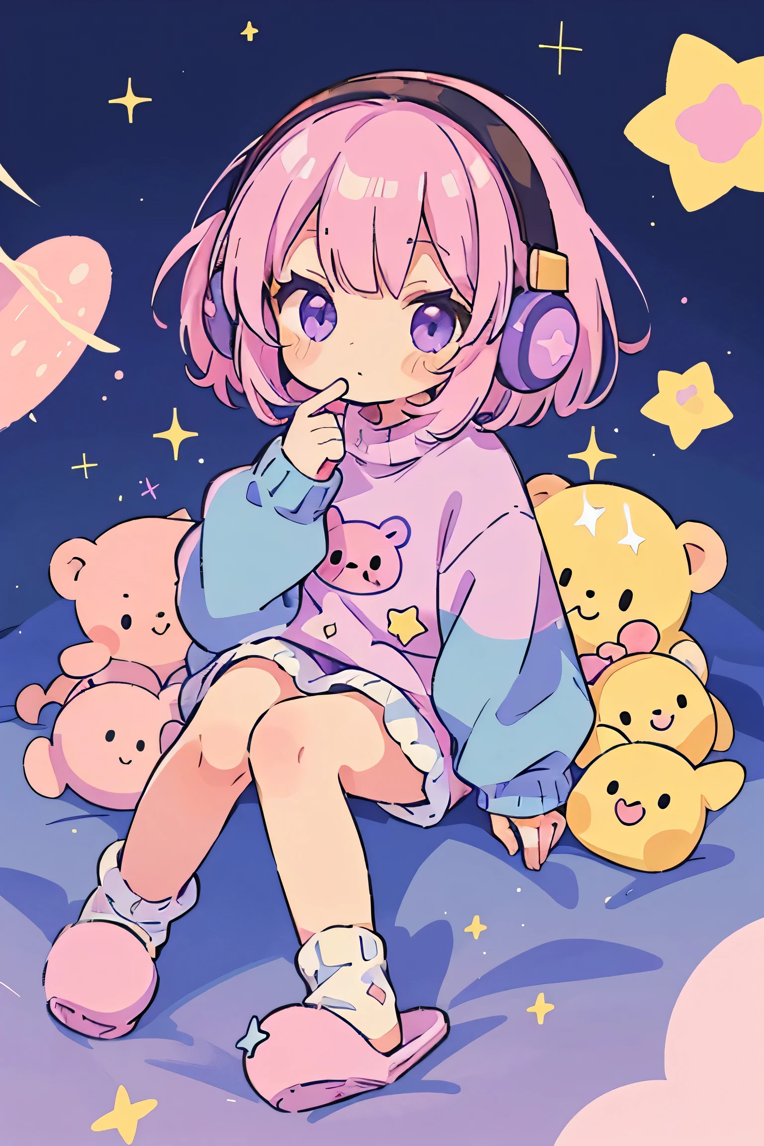 monkey Girl, Solo, Fluffy clothes, Sweaters, sleeves, sox, Slippers, Pastel colors, (Purple, Blue, Pink, yellow), Cozy, Dreamy, Stars, a sticker, Bubbles, Glitter, brilliance, plushies, headphones,most beautiful girl ever、Chibi, Colorful bob hair