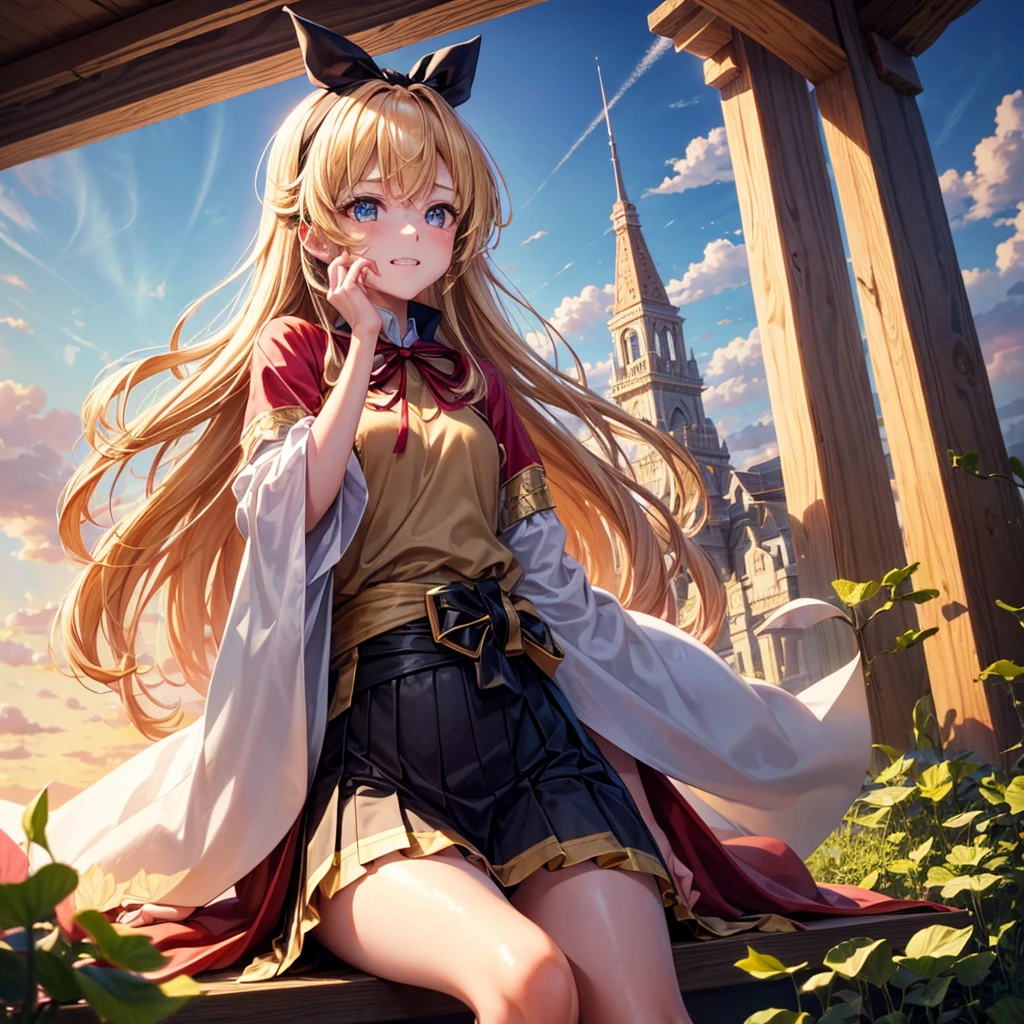 Pink gold golden hair、Golden Eyes、Braid、One good looking girl、solo、anime、Checkered mini skirt、Ruffles on the skirt、Red T-shirt、Cape、Gothic、Black knee-high socks、bandana、Wearing a ribbon、Ribbon on waist、Tilting face、Teeth are visible、Sunset sky、Piercing the clouds、Contrail、tree、Touching your face、lotus leaves、Cumulonimbus、Pillar of Light、Magic wand、Sitting on a golden treasure chest