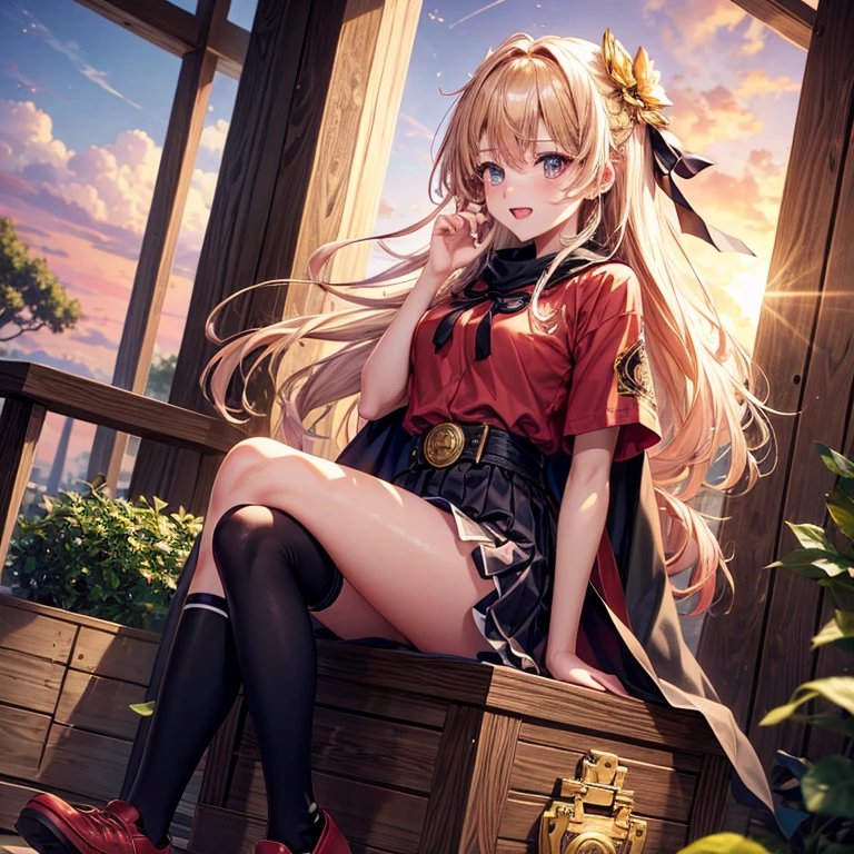 Pink gold golden hair、Golden Eyes、Braid、One good looking girl、solo、anime、Checkered mini skirt、Ruffles on the skirt、Red T-shirt、Cape、Gothic、Black knee-high socks、bandana、Wearing a ribbon、Ribbon on waist、Tilting face、Teeth are visible、Sunset sky、Piercing the clouds、Contrail、tree、Touching your face、lotus leaves、Cumulonimbus、Pillar of Light、Magic wand、Sitting on a golden treasure chest