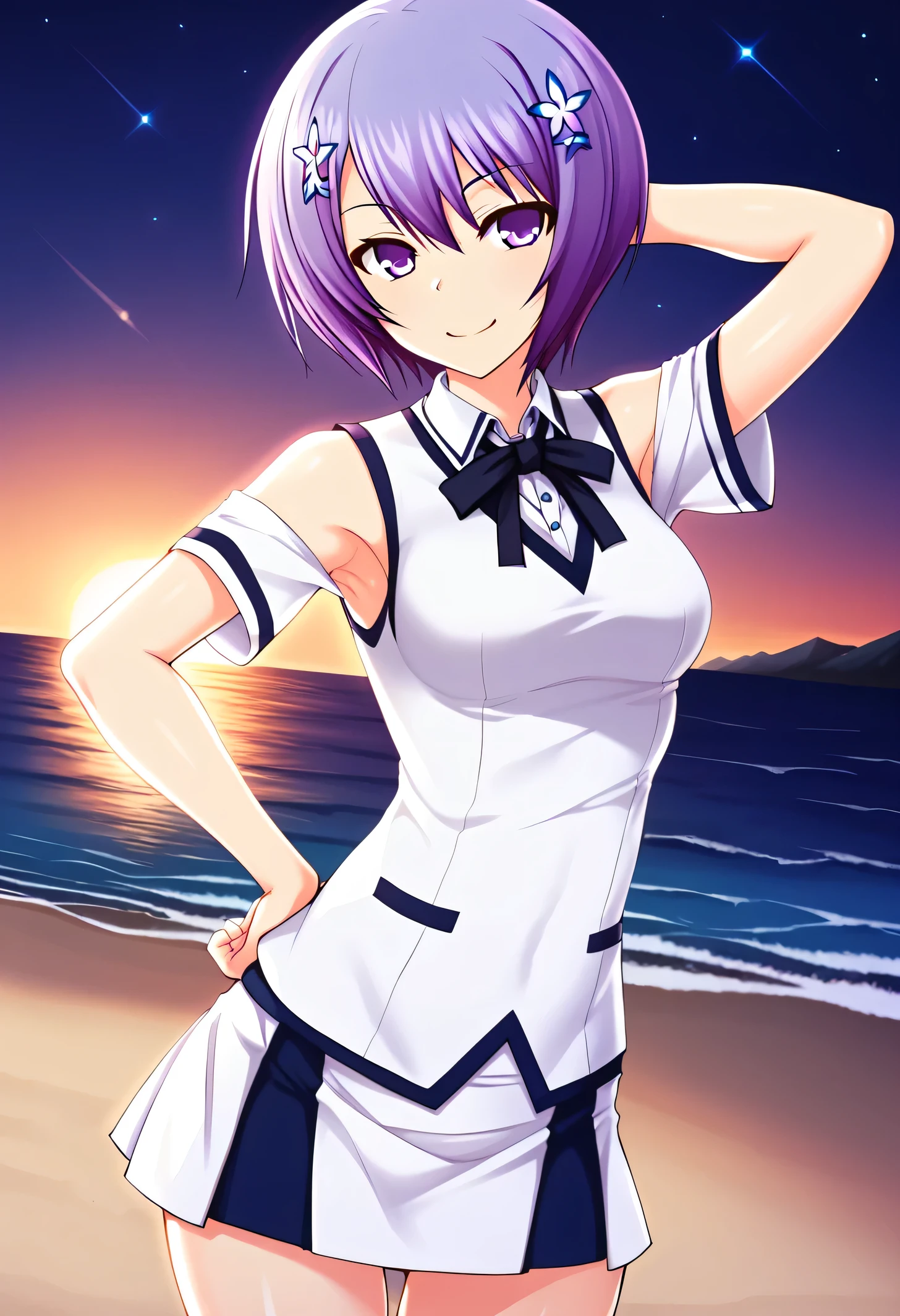 Shiina Miyako, purple hair, short hair, purple eyes, hair ornament, , short sleeves, white sweater vest, white shirt, white skirt, neck ribbon, black ribbon, high quality, solo, night sky, beach, arm behind head, hand on hip, contrapposto, closed mouth, spread armpits, (cowboy shot:1.5), looking at viewer, smile, best quality,