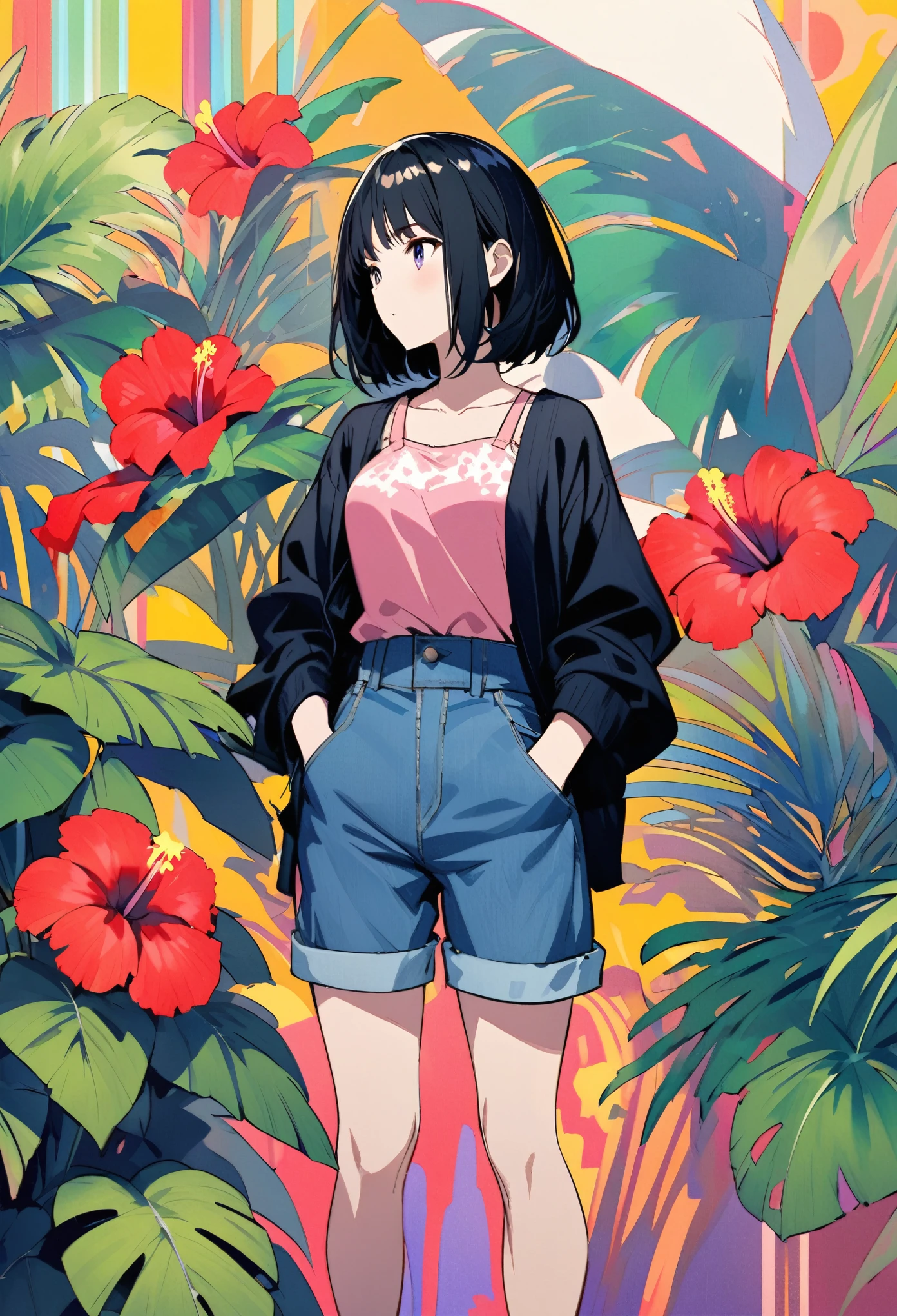 Create a Japanese anime character illustration of a person standing in a relaxed posture. She is wearing a black jumper, pink tank top, and denim shorts, and has her hands lightly in her pockets. Tropical plants with large leaves such as hibiscus are depicted in the background. The background is reminiscent of the seaside. The overall aesthetic is colorful, with detailed shading adding depth and texture to clothing and plants.