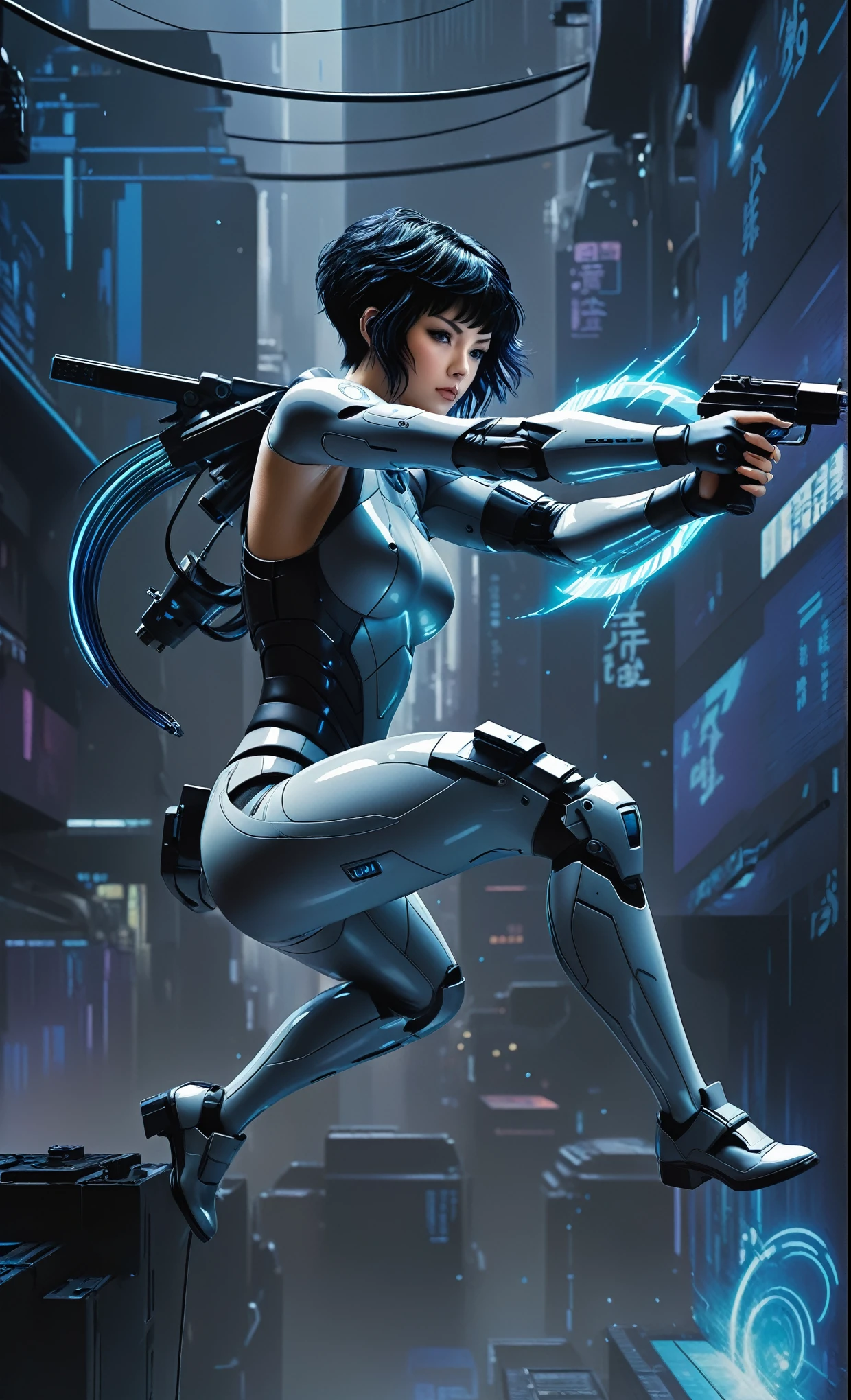 Ghost in the Shell Vol.2, by Luis Duarte, Luis Duarte style, blue and black shading, Neo-Tokyo style, Element Air, Mythpunk, Graphic Interface, Sci-Fic Art, Dark Influence, NijiExpress 3D v3, Kinetic Art, Datanoshing, Oilpainting, Ink v3, Splash style, Abstract Art, Abstract Tech, Cyber Tech Elements, Futuristic, Illustrated v3, Deco Influence, AirBrush style, drawing